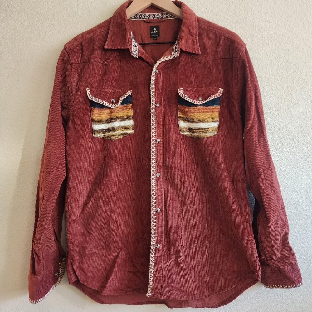 Semantic Design Shirt Mens Large Red Corduroy Western Aztec Pocket Vintage Style